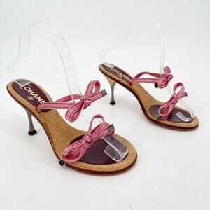 Chanel Vintage Pink Double Satin Bow Cork Sole Slide Sandal Heels EU 38